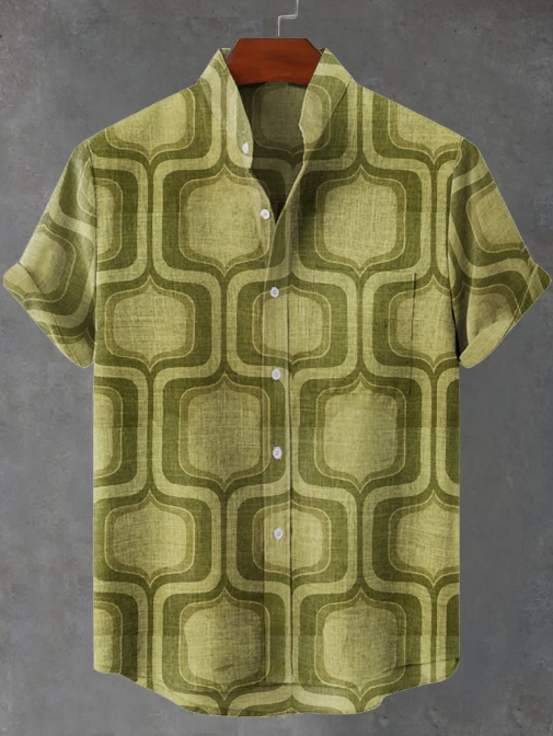 Dominic 1970s Minimalistische Geometrische Groene Retro Behangprint Casual Shirt